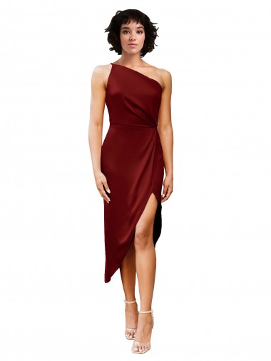 One Shoulder Midi Length Short Stretch Satin Wrap Style Cocktail Dress Canada