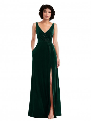 Floor Length Velvet Cocktail Dress with Shirred Bodice and Front Slit Canada