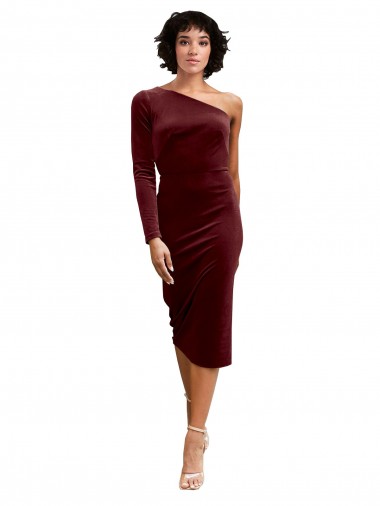 One Shoulder Fitted Short Midi Length Velvet Cocktail Dress Canada