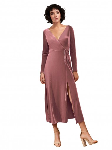 Long Sleeve Velvet Faux Wrap Midi Length Cocktail Dress Canada